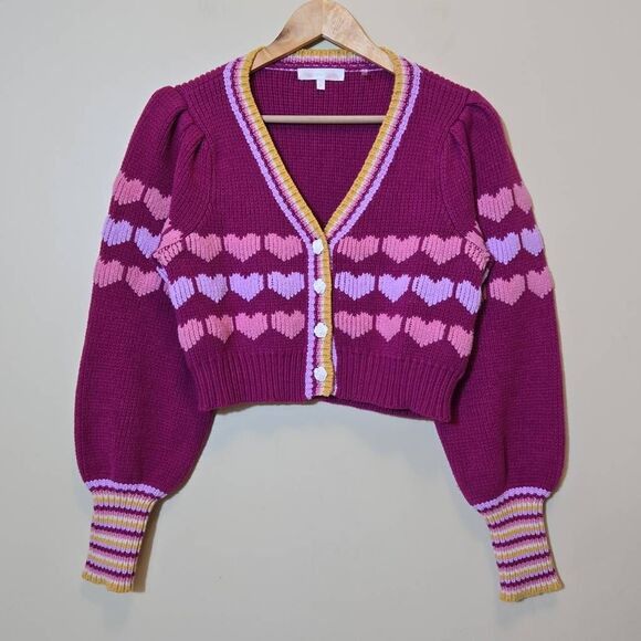 Revolve LoveShackFancy Buena Heart Print Cropped Cardigan Sweater Sz Small Pink - Picture 1 of 11